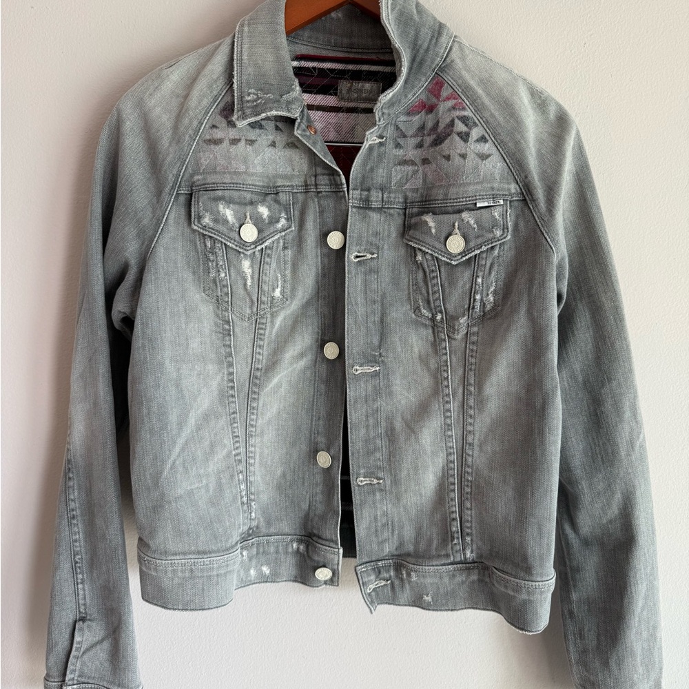 MOTHER Light Gray Jean Jacket beautiful details large distressed look